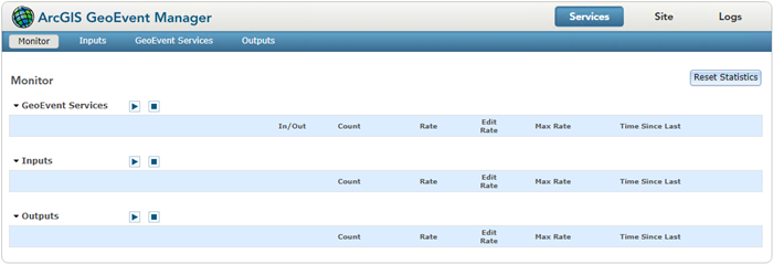 Empty Monitor page in GeoEvent Manager. Empty Monitor page in GeoEvent Manager.