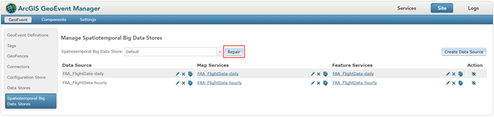 Spatiotemporal big data store repair button in GeoEvent Manager Spatiotemporal big data store repair button in GeoEvent Manager